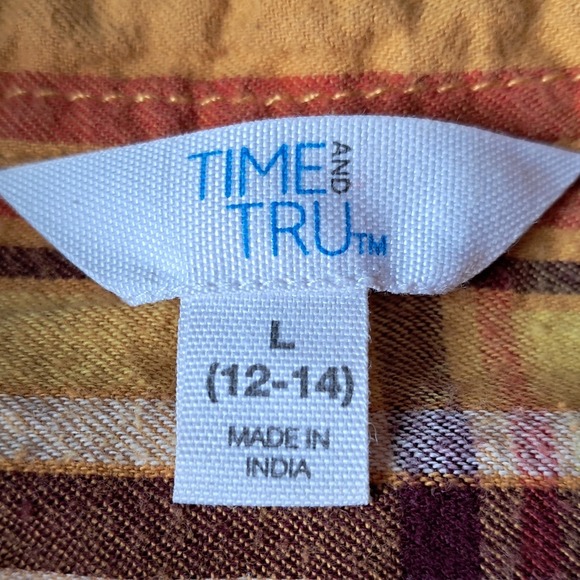 Time and Tru Plaid Button Down Shirt Women's Large L Mustard Yellow Red Casual - Picture 8 of 8